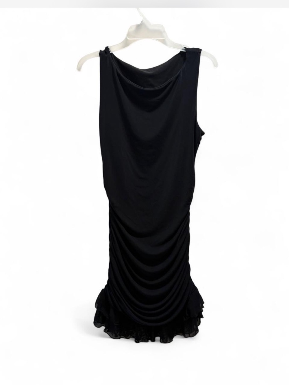 Jennifer Lopez Black Draped Midi Dress with Ruffled Hem